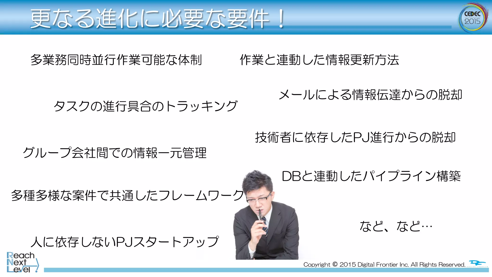 Copyright  ©  2015  Digital  Frontier  Inc.  All  Rights  Reserved.
更なる進化に必要な要件！
多業務同時並行作業可能な体制
タスクの進行具合のトラッキング
グループ会社間での情報一元管理
多種多様な案件で共通したフレームワーク
人に依存しないPJスタートアップ
作業と連動した情報更新方法
メールによる情報伝達からの脱却
技術者に依存したPJ進行からの脱却
など、など…
DBと連動したパイプライン構築
 