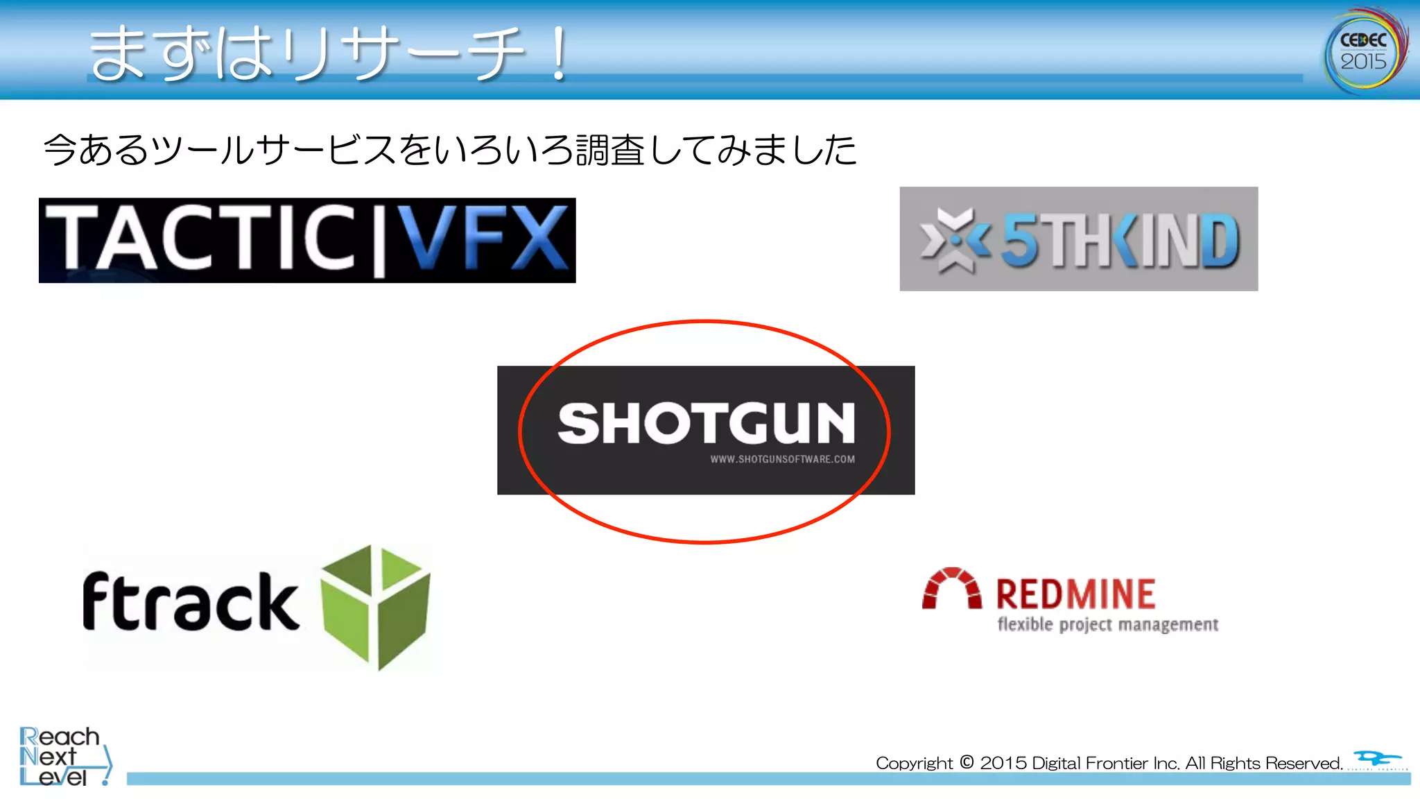 Copyright  ©  2015  Digital  Frontier  Inc.  All  Rights  Reserved.
まずはリサーチ！
今あるツールサービスをいろいろ調査してみました
 