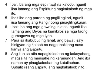 4 Iba't iba ang mga espiritwal na kaloob, ngunit
iisa lamang ang Espiritung nagkakaloob ng mga
ito.
5 Iba't iba ang paraan ng paglilingkod, ngunit
iisa lamang ang Panginoong pinaglilingkuran.
6 Iba't iba ang mga gawaing iniatas, ngunit iisa
lamang ang Diyos na kumikilos sa mga taong
gumagawa ng mga iyon.
7 Para sa ikabubuti ng lahat, ang bawat isa'y
binigyan ng kaloob na nagpapakitang nasa
kanya ang Espiritu.
8 Ang ilan sa atin napagkalooban ng kakayahang
magsalita ng mensahe ng karunungan. Ang iba
naman ay pinagkalooban ng katalinuhan.
Subalit iisang Espiritu ang nagkakaloob nito.
 