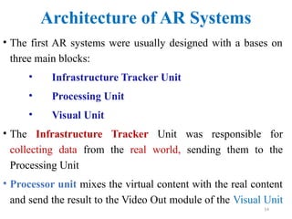 14
Architecture of AR Systems
• The first AR systems were usually designed with a bases on
three main blocks:
• Infrastructure Tracker Unit
• Processing Unit
• Visual Unit
• The Infrastructure Tracker Unit was responsible for
collecting data from the real world, sending them to the
Processing Unit
• Processor unit mixes the virtual content with the real content
and send the result to the Video Out module of the Visual Unit
 