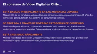 © comScore, Inc. Proprietary. 15
ESTÁ BASADO PRNCIPALMENTE EN LAS AUDIENCIAS JÓVENES
Más del 60% de los minutos de video en Chile son consumidos por personas menores de 35 años. En
términos de género, también más del 60% los consumen los hombres.
SE PROPAGA A TRAVÉS DE DIVERSAS CATEGORÍAS DE CONTENIDO
Mientras más generadores de contenido van existiendo, se incrementan los beneficios de las
audiencias de video comprometidas. Estos usuarios se involucran a través de categorías más diversas.
ESTÁ CRECIENDO RÁPIDAMENTE
Mejores velocidades de conexión y dispositivos más poderosos con pantallas más grandes están
facilitando el rápido crecimiento del video, incluyendo contenido de formato largo.
El consumo de Video Digital en Chile…
 