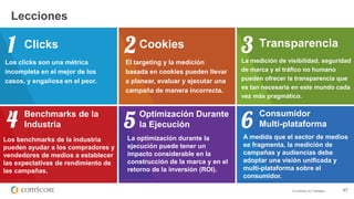 © comScore, Inc. Proprietary. 47
Lecciones
Los benchmarks de la industria
pueden ayudar a los compradores y
vendedores de medios a establecer
las expectativas de rendimiento de
las campañas.
Benchmarks de la
Industria
La optimización durante la
ejecución puede tener un
impacto considerable en la
construcción de la marca y en el
retorno de la inversión (ROI).
Optimización Durante
la Ejecución
A medida que el sector de medios
se fragmenta, la medición de
campañas y audiencias debe
adoptar una visión unificada y
multi-plataforma sobre el
consumidor.
Consumidor
Multi-plataforma
Clicks
Los clicks son una métrica
incompleta en el mejor de los
casos, y engañosa en el peor.
Cookies
El targeting y la medición
basada en cookies pueden llevar
a planear, evaluar y ejecutar una
campaña de manera incorrecta.
Transparencia
La medición de visibilidad, seguridad
de marca y el tráfico no humano
pueden ofrecer la transparencia que
es tan necesaria en este mundo cada
vez más pragmático.
 