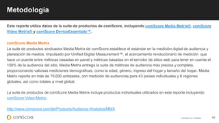 © comScore, Inc. Proprietary. 65
Metodología
Este reporte utiliza datos de la suite de productos de comScore, incluyendo comScore Media Metrix®, comScore
Video Metrix® y comScore DeviceEssentials™.
comScore Media Metrix
La suite de productos sindicados Media Metrix de comScore establece el estándar en la medición digital de audiencia y
planeación de medios. Impulsado por Unified Digital Measurement™, el acercamiento revolucionario de medición que
hace un puente entre métricas basadas en panel y métricas basadas en el servidor de sitios web para tener en cuenta el
100% de la audiencia del sitio. Media Metrix entrega la suite de métricas de audiencia más precisa y completa,
proporcionando valiosas mediciones demográficas, como la edad, género, ingreso del hogar y tamaño del hogar. Media
Metrix reporta en más de 70,000 entidades, con medición de audiencias para 43 países individuales y 6 regiones
globales, así como totales a nivel global.
La suite de productos de comScore Media Metrix incluye productos individuales utilizados en este reporte incluyendo
comScore Video Metrix.
http://www.comscore.com/lat/Products/Audience-Analytics/MMX
 