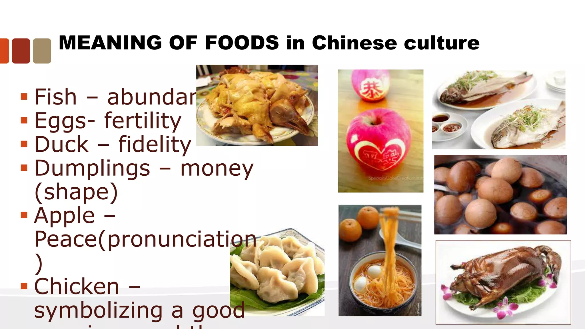 MEANING OF FOODS in Chinese culture
 Fish – abundance
 Eggs- fertility
 Duck – fidelity
 Dumplings – money
(shape)
 Apple –
Peace(pronunciation
)
 Chicken –
symbolizing a good
 
