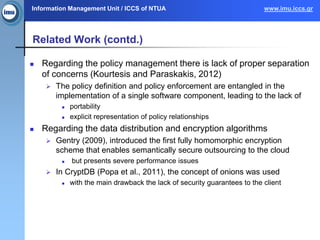 Information Management Unit / ICCS of NTUA www.imu.iccs.gr
Related Work (contd.)
 Regarding the policy management there is lack of proper separation
of concerns (Kourtesis and Paraskakis, 2012)
 The policy definition and policy enforcement are entangled in the
implementation of a single software component, leading to the lack of
 portability
 explicit representation of policy relationships
 Regarding the data distribution and encryption algorithms
 Gentry (2009), introduced the first fully homomorphic encryption
scheme that enables semantically secure outsourcing to the cloud
 but presents severe performance issues
 In CryptDB (Popa et al., 2011), the concept of onions was used
 with the main drawback the lack of security guarantees to the client
 