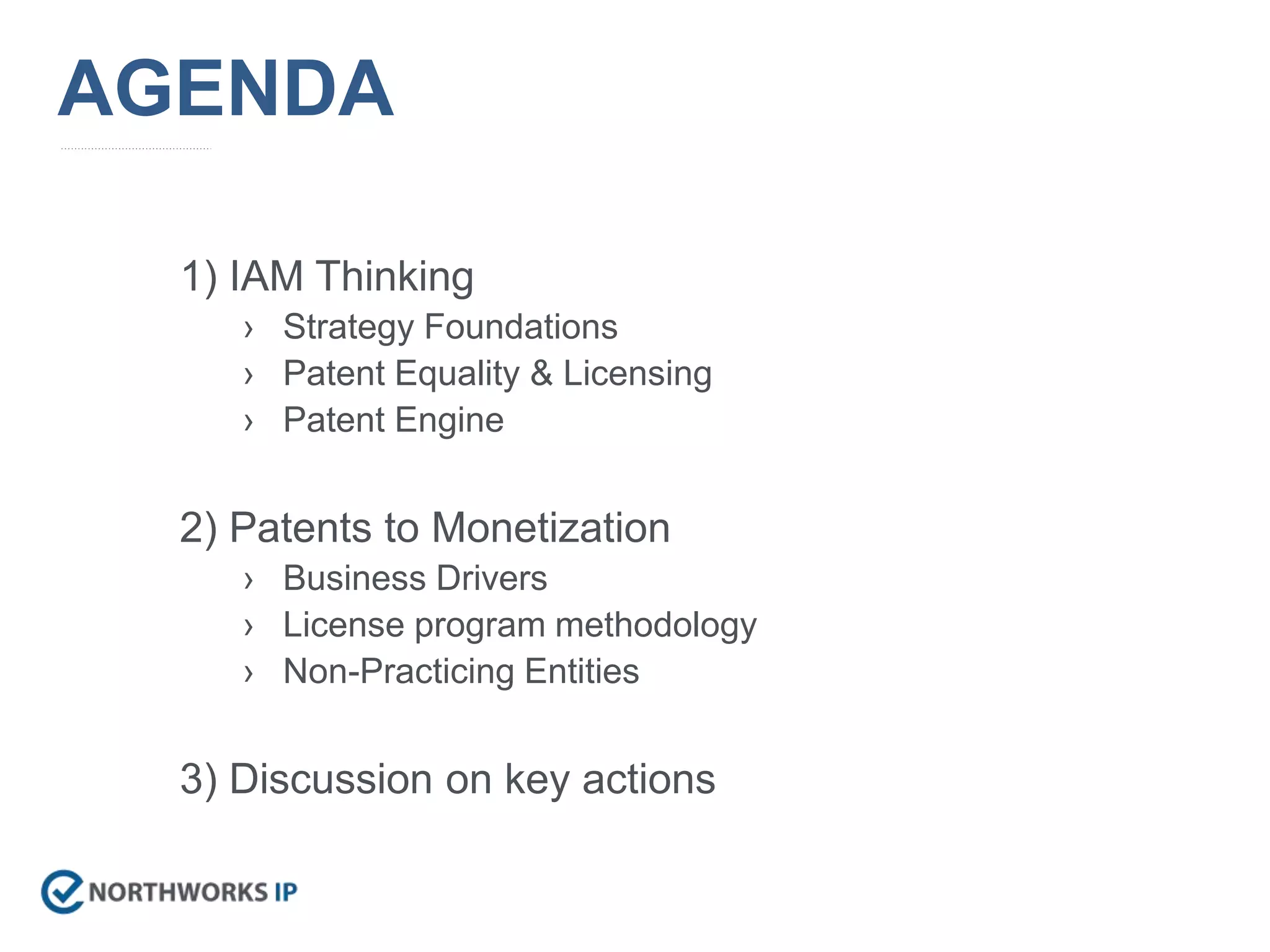 1) IAM Thinking
› Strategy Foundations
› Patent Equality & Licensing
› Patent Engine
2) Patents to Monetization
› Business Drivers
› License program methodology
› Non-Practicing Entities
3) Discussion on key actions
AGENDA
 