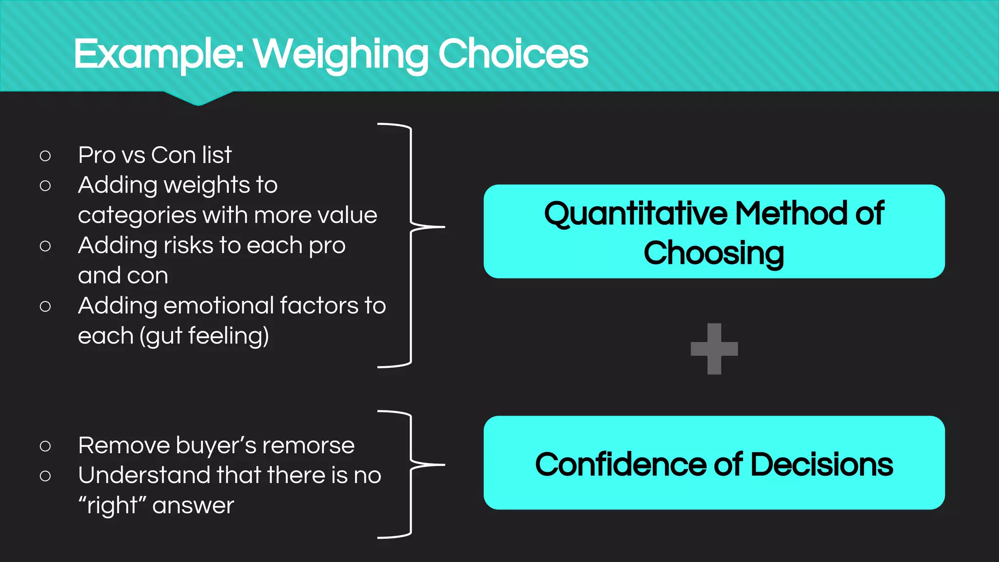 Example: Weighing Choices
○ Pro vs Con list
○ Adding weights to
categories with more value
○ Adding risks to each pro
and con
○ Adding emotional factors to
each (gut feeling)
Quantitative Method of
Choosing
Confidence of Decisions
○ Remove buyer’s remorse
○ Understand that there is no
“right” answer
 