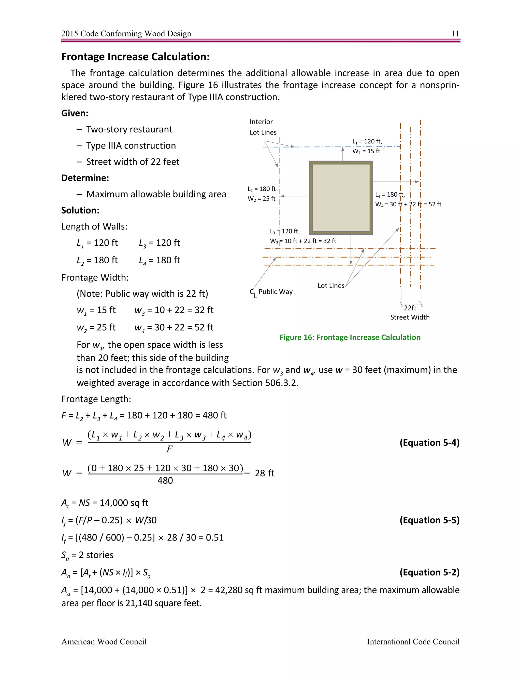 2015 Code Conforming Wood Design 11
American Wood Council International Code Council
Frontage Increase Calculation:
The frontage calculation determines the additional allowable increase in area due to open
space around the building. Figure 16 illustrates the frontage increase concept for a nonsprin-
klered two-story restaurant of Type IIIA construction.
Given:
– Two-story restaurant
– Type IIIA construction
– Street width of 22 feet
Determine:
– Maximum allowable building area
Solution:
Length of Walls:
L1 = 120 ft L3 = 120 ft
L2 = 180 ft L4 = 180 ft
Frontage Width:
(Note: Public way width is 22 ft)
w1 = 15 ft w3 = 10 + 22 = 32 ft
w2 = 25 ft w4 = 30 + 22 = 52 ft
For w1, the open space width is less
than 20 feet; this side of the building
is not included in the frontage calculations. For w3 and w4, use w = 30 feet (maximum) in the
weighted average in accordance with Section 506.3.2.
Frontage Length:
F = L2 + L3 + L4 = 180 + 120 + 180 = 480 ft
(Equation 5-4)
At = NS = 14,000 sq ft
If = (F/P – 0.25)  W/30 (Equation 5-5)
If = [(480 / 600) – 0.25]  28 / 30 = 0.51
Sa = 2 stories
Aa = [At + (NS × If)] × Sa (Equation 5-2)
Aa = [14,000 + (14,000 × 0.51)] × 2 = 42,280 sq ft maximum building area; the maximum allowable
area per floor is 21,140 square feet.
Interior
Lot Lines
C
L
Public Way
Lot Lines
L1 = 120 ft,
W1 = 15 ft
L3 = 120 ft,
W3 = 10 ft + 22 ft = 32 ft
L4 = 180 ft,
W4 = 30 ft + 22 ft = 52 ft
L2 = 180 ft
W2 = 25 ft
22ft
Street Width
Figure 16: Frontage Increase Calculation
W
L1 w1 L2 w2 L3 w3 L4 w4+++ 
F
------------------------------------------------------------------------------------------------=
W
0 180 25 120 30 180 30+++ 
480
------------------------------------------------------------------------------------------- 28 ft==
 