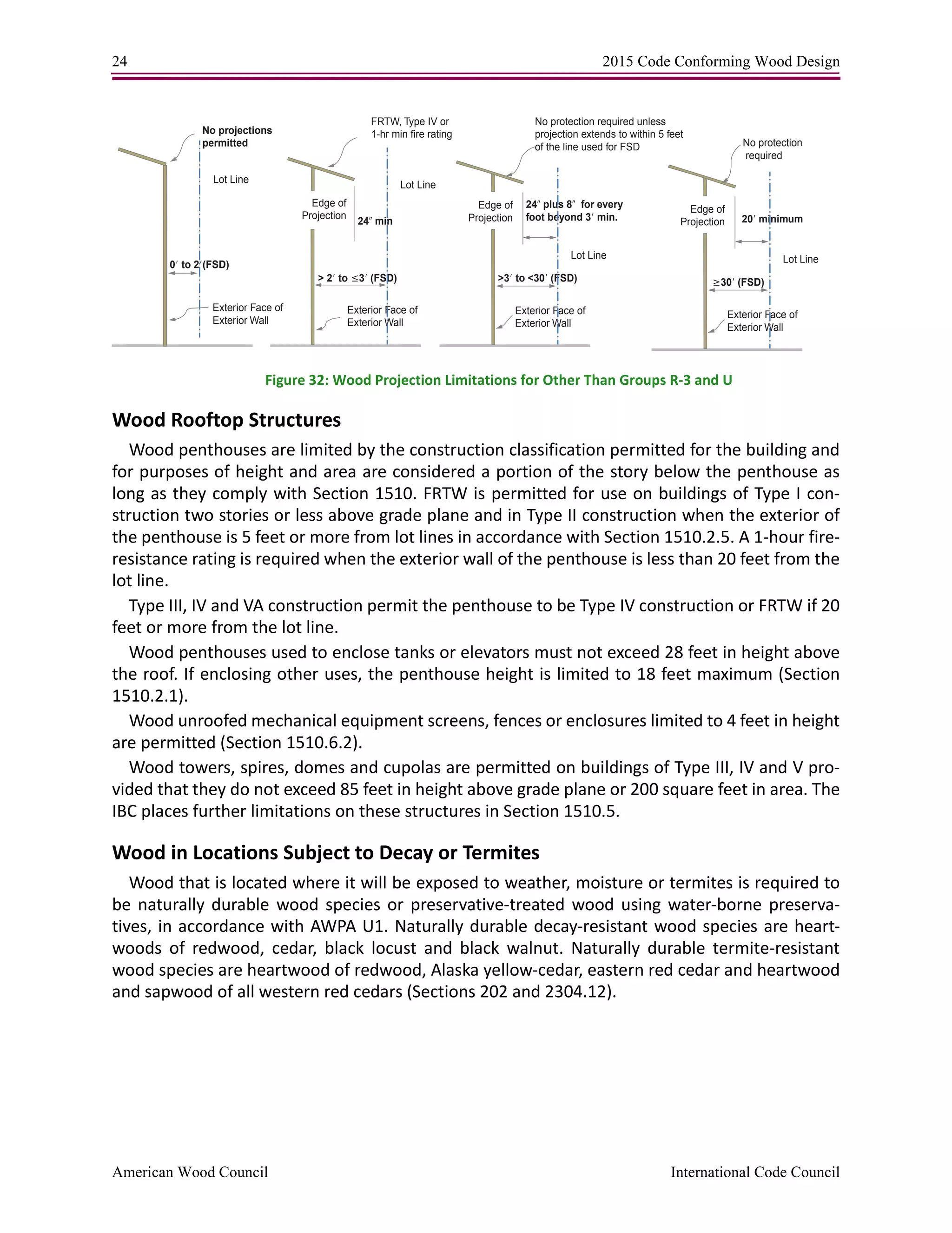 24 2015 Code Conforming Wood Design
American Wood Council International Code Council
Figure 32: Wood Projection Limitations for Other Than Groups R-3 and U
Wood Rooftop Structures
Wood penthouses are limited by the construction classification permitted for the building and
for purposes of height and area are considered a portion of the story below the penthouse as
long as they comply with Section 1510. FRTW is permitted for use on buildings of Type I con-
struction two stories or less above grade plane and in Type II construction when the exterior of
the penthouse is 5 feet or more from lot lines in accordance with Section 1510.2.5. A 1-hour fire-
resistance rating is required when the exterior wall of the penthouse is less than 20 feet from the
lot line.
Type III, IV and VA construction permit the penthouse to be Type IV construction or FRTW if 20
feet or more from the lot line.
Wood penthouses used to enclose tanks or elevators must not exceed 28 feet in height above
the roof. If enclosing other uses, the penthouse height is limited to 18 feet maximum (Section
1510.2.1).
Wood unroofed mechanical equipment screens, fences or enclosures limited to 4 feet in height
are permitted (Section 1510.6.2).
Wood towers, spires, domes and cupolas are permitted on buildings of Type III, IV and V pro-
vided that they do not exceed 85 feet in height above grade plane or 200 square feet in area. The
IBC places further limitations on these structures in Section 1510.5.
Wood in Locations Subject to Decay or Termites
Wood that is located where it will be exposed to weather, moisture or termites is required to
be naturally durable wood species or preservative-treated wood using water-borne preserva-
tives, in accordance with AWPA U1. Naturally durable decay-resistant wood species are heart-
woods of redwood, cedar, black locust and black walnut. Naturally durable termite-resistant
wood species are heartwood of redwood, Alaska yellow-cedar, eastern red cedar and heartwood
and sapwood of all western red cedars (Sections 202 and 2304.12).
No projections
permitted
FRTW, Type IV or
1-hr min fire rating
No protection required unless
projection extends to within 5 feet
of the line used for FSD
Lot Line
Lot Line
Exterior Face of
Exterior Wall
Exterior Face of
Exterior Wall
Edge of
Projection
Edge of
Projection24″ min
24″ plus 8″ for every
foot beyond 3′ min.
> 2′ to ≤3′ (FSD) >3′ to <30′ (FSD)
Lot Line
0′ to 2′(FSD)
Exterior Face of
Exterior Wall
No protection
required
Lot Line
Exterior Face of
Exterior Wall
Edge of
Projection 20′ minimum
≥30′ (FSD)
 