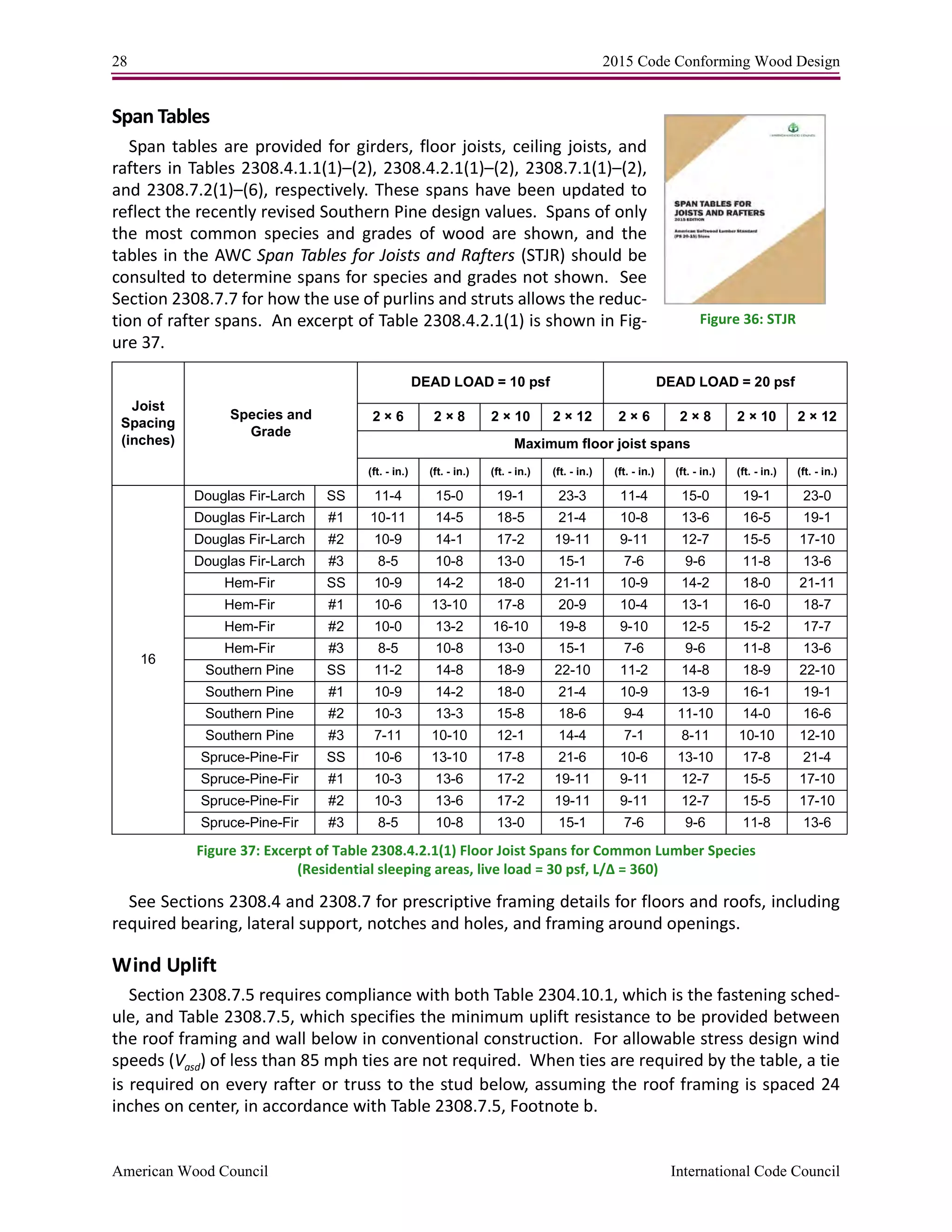 28 2015 Code Conforming Wood Design
American Wood Council International Code Council
Span Tables
Span tables are provided for girders, floor joists, ceiling joists, and
rafters in Tables 2308.4.1.1(1)–(2), 2308.4.2.1(1)–(2), 2308.7.1(1)–(2),
and 2308.7.2(1)–(6), respectively. These spans have been updated to
reflect the recently revised Southern Pine design values. Spans of only
the most common species and grades of wood are shown, and the
tables in the AWC Span Tables for Joists and Rafters (STJR) should be
consulted to determine spans for species and grades not shown. See
Section 2308.7.7 for how the use of purlins and struts allows the reduc-
tion of rafter spans. An excerpt of Table 2308.4.2.1(1) is shown in Fig-
ure 37.
Figure 37: Excerpt of Table 2308.4.2.1(1) Floor Joist Spans for Common Lumber Species
(Residential sleeping areas, live load = 30 psf, L/Δ = 360)
See Sections 2308.4 and 2308.7 for prescriptive framing details for floors and roofs, including
required bearing, lateral support, notches and holes, and framing around openings.
Wind Uplift
Section 2308.7.5 requires compliance with both Table 2304.10.1, which is the fastening sched-
ule, and Table 2308.7.5, which specifies the minimum uplift resistance to be provided between
the roof framing and wall below in conventional construction. For allowable stress design wind
speeds (Vasd) of less than 85 mph ties are not required. When ties are required by the table, a tie
is required on every rafter or truss to the stud below, assuming the roof framing is spaced 24
inches on center, in accordance with Table 2308.7.5, Footnote b.
Joist
Spacing
(inches)
Species and
Grade
DEAD LOAD = 10 psf DEAD LOAD = 20 psf
2 × 6 2 × 8 2 × 10 2 × 12 2 × 6 2 × 8 2 × 10 2 × 12
Maximum floor joist spans
(ft. - in.) (ft. - in.) (ft. - in.) (ft. - in.) (ft. - in.) (ft. - in.) (ft. - in.) (ft. - in.)
16
Douglas Fir-Larch SS 11-4 15-0 19-1 23-3 11-4 15-0 19-1 23-0
Douglas Fir-Larch #1 10-11 14-5 18-5 21-4 10-8 13-6 16-5 19-1
Douglas Fir-Larch #2 10-9 14-1 17-2 19-11 9-11 12-7 15-5 17-10
Douglas Fir-Larch #3 8-5 10-8 13-0 15-1 7-6 9-6 11-8 13-6
Hem-Fir SS 10-9 14-2 18-0 21-11 10-9 14-2 18-0 21-11
Hem-Fir #1 10-6 13-10 17-8 20-9 10-4 13-1 16-0 18-7
Hem-Fir #2 10-0 13-2 16-10 19-8 9-10 12-5 15-2 17-7
Hem-Fir #3 8-5 10-8 13-0 15-1 7-6 9-6 11-8 13-6
Southern Pine SS 11-2 14-8 18-9 22-10 11-2 14-8 18-9 22-10
Southern Pine #1 10-9 14-2 18-0 21-4 10-9 13-9 16-1 19-1
Southern Pine #2 10-3 13-3 15-8 18-6 9-4 11-10 14-0 16-6
Southern Pine #3 7-11 10-10 12-1 14-4 7-1 8-11 10-10 12-10
Spruce-Pine-Fir SS 10-6 13-10 17-8 21-6 10-6 13-10 17-8 21-4
Spruce-Pine-Fir #1 10-3 13-6 17-2 19-11 9-11 12-7 15-5 17-10
Spruce-Pine-Fir #2 10-3 13-6 17-2 19-11 9-11 12-7 15-5 17-10
Spruce-Pine-Fir #3 8-5 10-8 13-0 15-1 7-6 9-6 11-8 13-6
Figure 36: STJR
 