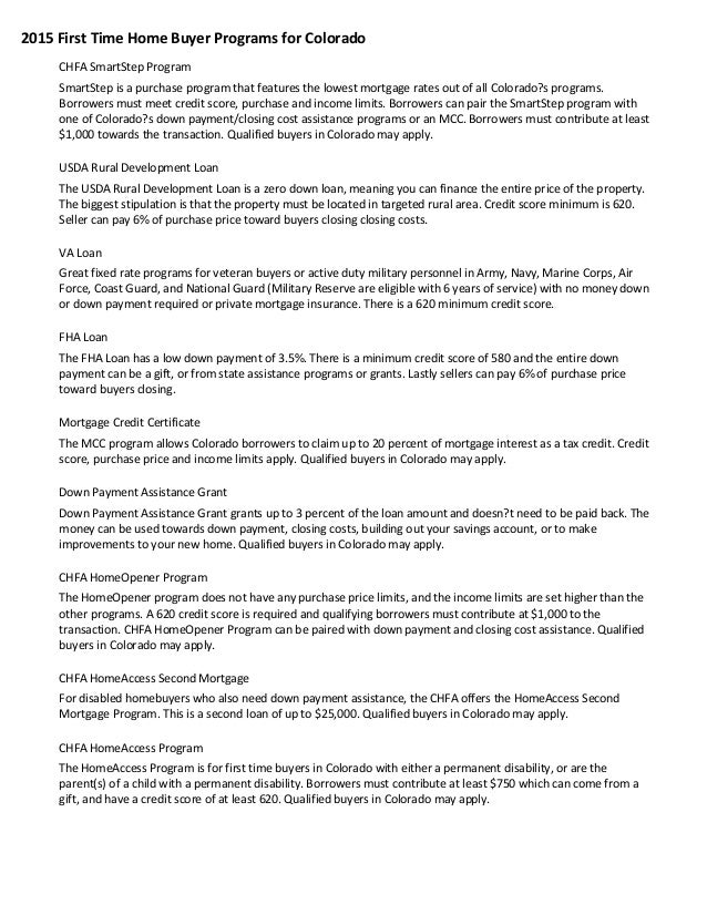 2015 Colorado first time home buyer programs