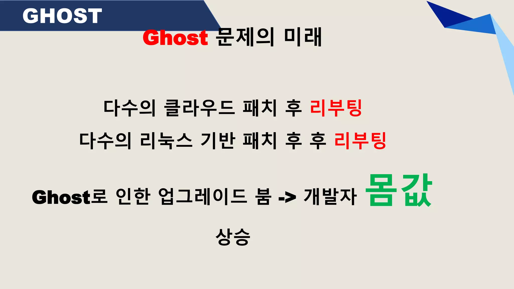 GHOST
Ghost 문제의 미래
다수의 클라우드 패치 후 리부팅
다수의 리눅스 기반 패치 후 후 리부팅
Ghost로 인한 업그레이드 붐 -> 개발자 몸값
상승
 