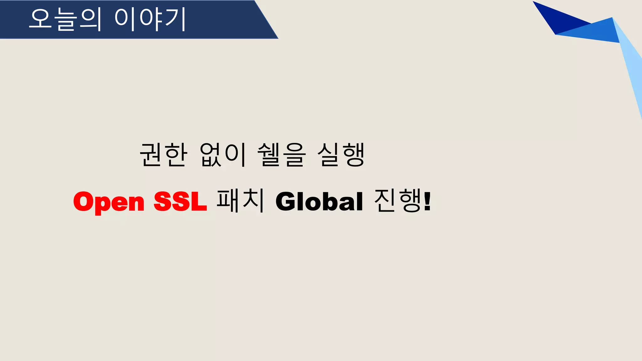 오늘의 이야기
권한 없이 쉘을 실행
Open SSL 패치 Global 진행!
 