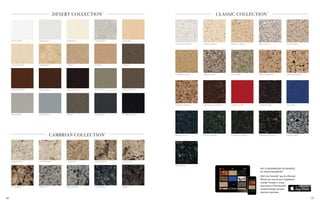 PUT A SHOWROOM OF SAMPLES
AT YOUR FINGERTIPS
With the Cambria®
app for iPad and
iPhone, you can let your imagination
wander through a virtual
showroom of 126 beautiful
Cambria design samples
anytime, anywhere.
2726
26
SNOWDON WHITE™ 	 CARDIFF CREAM™ 	 COSWELL CREAM™ 	 NEW CASTLE™ 	 TENBY CREAM™ 	 	
CAMBRIAN GOLD™ 	 CARLISLE GRAY™ 	 HYDE PARK™ 	 BRECON BROWN™ 	 STAFFORD BROWN™ 		
BURTON BROWN™ 	 CARMARTHEN BROWN™ 	 CARDIGAN RED™	 WILSHIRE RED™	 BALA BLUE™
	
BRISTOL BLUE™ 	 OXWICH GREEN™ 	 CAERPHILLY GREEN™ 	 WELSHPOOL BLACK™ 	 TALBOT GRAY™
FLINT BLACK™ 	
	
WHITE CLIFF™	 WHITEHALL™	 KIRKSTEAD™	 TEMPLETON™	 SANFORD™
CUDDINGTON™	YORKSHIRE™	 CLYDE™	 DOVER™	 SUSSEX™	
DUNMORE™	GREYSTONE™	 DEVON™	 FIELDSTONE™	 CAMBRIA BLACK™
				
CHERRYBROOK™	 HAZELFORD™	 OAKHAMPTON™	 WALTON™	 U.S. Patent Pending	MANCHESTER™
				
CAMBRIAN COLLECTION™
™
DARLINGTON™	 WINDERMERE™	 LINWOOD™	 LINCOLNSHIRE™	 NEWHAVEN™
CANTERBURY™	 CASTELL™	 BRENTWOOD™	 WATERFORD™	 HENLEY™
CLASSIC COLLECTION™
DESERT COLLECTION™
 