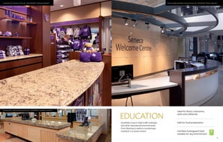 4
EDUCATION
Durability is key in high-traffic hallways
and other educational environments.
From flooring to walls to countertops,
Cambria®
is a smart choice.
Ideal for floors, restrooms,
walls and cafeterias
Safe for food preparation
Certified Greenguard Gold
suitable for any environment
Marshall-Lyon County Library, Marshall, MN • CANTERBURYTM
Cambrian CollectionTM
Seneca College, Newnham Campus Toronto, ON • FIELDSTONETM
Desert CollectionTM
University of St. Thomas, St. Paul, MN • LINCOLNSHIRETM
Cambrian CollectionTM
5
Karen Mutschelknaus, NCIDQ, LEED, AP  •  TSP Architects
Robert Haueter  •  R E Haueter & Associates Marilyn White  •  Dialog Design
 