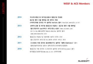 2014 아시아나항공 등 대기업/금융사 웹접근성 컨설팅
접근성 캠프 서울 멤버쉽 2회 세미나 개최
스마트교육용 온라인 TTS 솔루션 EduTalks 출시 (Edutlaks.webtalks.co.kr)
2013 20여개 금융 및 대기업 웹접근성 컨설팅 / 접근성 캠프 서울 멤버쉽
웹스크린리더 SaaS서비스 보이스몬3.0 출시 (www.voicemon.com)
All In One MDM 솔루션 Mobile Watcher 솔루션 출시
(www.mobilewatcher.net)
2012 웹접근성 컨설팅 및 인증대행 100개 사이트 초과
웹스크린리더 보이스몬 DS 200개 사이트 서비스 초과
2011 N-SCREEN 지원 온라인 음성변환(TTS) 솔루션 '웹톡스(WebTalks)' 출시
웹표준솔루션포럼 임원사 등록(한국소프트웨어산업협회)
2010 웹접근성 지원 온라인 스크린리더 솔루션 보이스몬(Voicemon) 출시
한국웹접근성평가원(www.wau.or.kr) 전략적제휴
HISTORY
WSSF & ACS Members
 