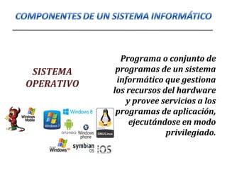 SISTEMA
OPERATIVO
Programa o conjunto de
programas de un sistema
informático que gestiona
los recursos del hardware
y provee servicios a los
programas de aplicación,
ejecutándose en modo
privilegiado.
 