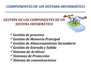 Gestión de procesos
Gestión de Memoria Principal
Gestión de Almacenamiento Secundario
Gestión de Entrada y Salida
Sistema de Archivos
Sistemas de Protección
Sistema de comunicaciones
GESTIÓN DE LOS COMPONENTES DE UN
SISTEMA INFORMÁTICO
 