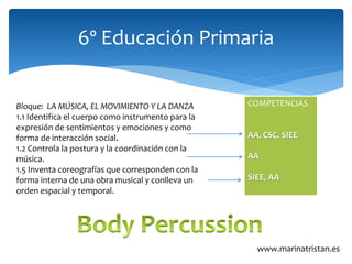 6º Educación Primaria
Bloque: LA MÚSICA, EL MOVIMIENTO Y LA DANZA
1.1 Identifica el cuerpo como instrumento para la
expres...