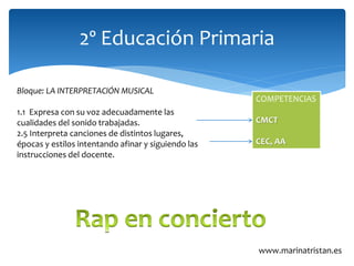 2º Educación Primaria
Bloque: LA INTERPRETACIÓN MUSICAL
1.1 Expresa con su voz adecuadamente las
cualidades del sonido tra...