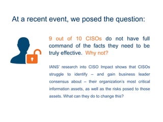 9 out of 10 CISOs do not have full
command of the facts they need to be
truly effective. Why not?
IANS’ research into CISO Impact shows that CISOs
struggle to identify – and gain business leader
consensus about – their organization’s most critical
information assets, as well as the risks posed to those
assets. What can they do to change this?
At a recent event, we posed the question:
 