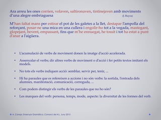Ara arreu les ones corrien, volaven, saltironaven, tintinejaven amb moviments
d’una alegre embriaguesa (J. Ruyra)
M’han faltat mans per estirar el pot de les galetes a la llet, destapar l’ampolla del
reforçant, posar-ne una mica en una cullera i engolir-ho tot a la vegada, mastegant,
glopejant, bevent, empassant, fins que m’he ennuegat, he tossit i tot ha estat a punt
d’anar a l’aigüera.
• L’acumulació de verbs de moviment donen la imatge d’acció accelerada.
• Assenyalar el verbs; dir altres verbs de moviment o d’acció i fer petits textos imitant els
models.
• No tots els verbs indiquen acció: semblar, servir per, tenir, ...
• Hi ha paraules que es refereixen a accions i no són verbs: la sortida, l’entrada dels
alumnes, manifestació, comunicació, correguda, ...
• Com podem distingir els verbs de les paraules que no ho són?
• Les marques del verb: persona, temps, mode, aspecte: la diversitat de les formes del verb.
A. Camps: Ensenyar Gramàtica. Consorci de N.L. Juny 2015
 