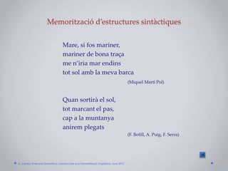 Memorització d’estructures sintàctiques
Mare, si fos mariner,
mariner de bona traça
me n’iria mar endins
tot sol amb la meva barca
(Miquel Martí Pol)
Quan sortirà el sol,
tot marcant el pas,
cap a la muntanya
anirem plegats
(F. Bofill, A. Puig, F. Serra)
A. Camps: Ensenyar Gramàtica. Consorci per a la Normalització Lingüística. Juny 2015
 