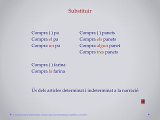 Substituir
Compra ( ) pa Compra ( ) panets
Compra el pa Compra els panets
Compra un pa Compra algun panet
Compra tres panets
Compra ( ) farina
Compra la farina
Ús dels articles determinat i indeterminat a la narració
A. Camps: Ensenyar Gramàtica. Consorci per a la Normalització Lingüística. Juny 2015
 