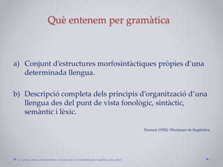 Què entenem per gramàtica
a) Conjunt d’estructures morfosintàctiques pròpies d’una
determinada llengua.
b) Descripció completa dels principis d’organització d’una
llengua des del punt de vista fonològic, sintàctic,
semàntic i lèxic.
Termcat (1992): Diccionari de lingüística
A. Camps: Ensenyar Gramàtica. Consorci per a la Normalització Lingüística. Juny 2015
 