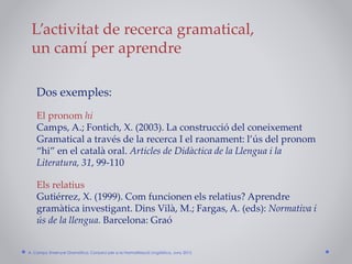 L’activitat de recerca gramatical,
un camí per aprendre
Dos exemples:
El pronom hi
Camps, A.; Fontich, X. (2003). La construcció del coneixement
Gramatical a través de la recerca I el raonament: l’ús del pronom
“hi” en el català oral. Articles de Didàctica de la Llengua i la
Literatura, 31, 99-110
Els relatius
Gutiérrez, X. (1999). Com funcionen els relatius? Aprendre
gramàtica investigant. Dins Vilà, M.; Fargas, A. (eds): Normativa i
ús de la llengua. Barcelona: Graó
A. Camps: Ensenyar Gramàtica. Consorci per a la Normalització Lingüística. Juny 2015
 