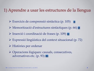 1) Aprendre a usar les estructures de la llengua
 Exercicis de comprensió sintàctica (p. 105)
 Memorització d’estructures sintàctiques (p. 66)
 Inserció i coordinació de frases (p. 109)
 Expressió lingüística del context situacional (p. 72)
 Històries per ordenar
 Operacions lògiques: causals, consecutives,
adversatives etc. (p. 93)
A. Camps: Ensenyar Gramàtica. Consorci de N.L. Juny 2015
 