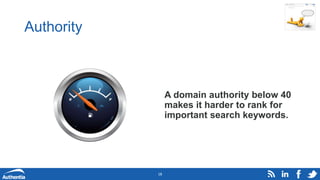 Authority
A domain authority below 40
makes it harder to rank for
important search keywords.
18
 