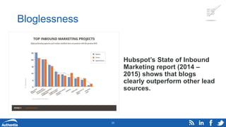 Bloglessness
Hubspot’s State of Inbound
Marketing report (2014 –
2015) shows that blogs
clearly outperform other lead
sour...
