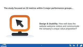 2
The study focused on 32 metrics within 5 major performance groups...
Design & Usability: How well does the
website welco...