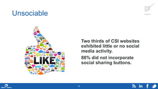 Unsociable
Two thirds of CSI websites
exhibited little or no social
media activity.
88% did not incorporate
social sharing...