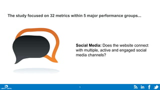 5
The study focused on 32 metrics within 5 major performance groups...
Social Media: Does the website connect
with multiple, active and engaged social
media channels?
 