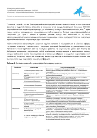 Мониторинг реализации
Республикой Беларусь Конвенции ЮНЕСКО
об охране и поощрении разнообразия форм культурного самовыражения
Отчет по результатам исследования
30
Осознавая, с одной стороны, благоприятный международный контекст для восприятия вклада культуры в
развитие и, с другой стороны, сложности в измерении этого вклада, Секретариат Конвенции ЮНЕСКО,
разработал Систему индикаторов «Культура для развития» (Culture for Development Indicators, CDIS)70
и уже
провел пилотное исследование с использованием этой методологии. Система индикаторов разработана
специально для стран с низким и средним уровнем дохода. Она направлена на то, чтобы
идентифицировать отношения между различными измерениями в сфере культурной политики и изучить их
в рамках тематического вопроса «Культура и развитие».
После интенсивной консультации с широким кругом экспертов и исследователей в ключевых сферах,
связанных с развитием, 23 индикатора из 7 различных измерений были выбраны на том основании, что их
применение может проливать свет на культуру и развитие на национальном уровне (см. таблицу 3).
Выбранные индикаторы представляют собой комбинацию количественных и качественных данных,
которые собираются вместе преимущественно качественным образом, и каждый из индикаторов имеет
равный вес. Поскольку далеко не по каждому индикатору имеется возможность получить данные, они
вычисляются в виде индексов по специальной формуле.
Таблица 3. Система измерений и индикаторов «Культура для развития»
Измерение Индикаторы Описание индикатора
Экономика
1. Доля культурного сектора в ВВП
Доля частной и государственной культурной деятельности, включая
непосредственно производство культурных ценностей и вспомогательные
сферы, в ВВП.
2. Трудоустройство в сфере
культуры
Процент людей, занятых в культурной деятельности, от общего числа
трудоустроенного населения.
3. Расход домашних хозяйств на
культуру
Доля расходов домашних хозяйств на культурную деятельность, товары и
услуги в общей системе расходов домашних хозяйств.
Образование
4. Инклюзивное образование
Индекс среднего количества лет обучения среди населения в возрасте от 17
до 22 лет, с возможностью отражения существующего неравенства.
5. Многоязыковое образование
Доля учебных часов, посвященных продвижению мультилингвизма, в общем
количестве учебных часов, посвященным языкам, в течение первых двух лет
среднего образования (подразумеваются, приблизительно, 5-7 классы).
6. Обучение искусству
Доля учебных часов, посвященных искусству, в общем количестве учебных
часов в течение первых двух лет среднего образования (подразумеваются,
приблизительно, 5-7 классы).
7. Профессиональное образование
в сфере культуры
Индекс когерентности и охвата системой технического и профессионального
образования и подготовки и системой высшего образования в сфере
культуры.
Управление
8. Правовые и рамочные
документы в сфере культуры
Совокупность связанных с культурой конституционных, правовых и
регулирующих мер, действующих в государстве, а также международные,
региональные и двусторонние договора, которые оно ратифицировало.
9. Политические и
институциональные рамки в сфере
культуры
Этот индикатор анализирует степень развития политической и
институциональной рамки для защиты и продвижения культуры, культурных
прав и культурного разнообразия.
10. Распределение культурной
инфраструктуры
Распределение избранных объектов культурной инфраструктуры по
отношению к распределению населения в административных единицах
второго уровня (следующем за национальным).
11. Участие гражданского общества
в управлении культурой
Этот индикатор оценивает возможности, открытые для гражданского
общества (и особенно для профессионалов в сфере культуры и меньшинств)
для участия в разработке и реализации культурной политики, мер и
программ, которые ее касаются, как на национальном, так и на
региональном/районном/местном уровне.
 