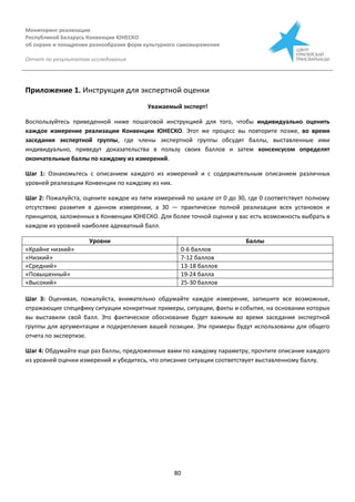 Мониторинг реализации
Республикой Беларусь Конвенции ЮНЕСКО
об охране и поощрении разнообразия форм культурного самовыражения
Отчет по результатам исследования
80
Приложение 1. Инструкция для экспертной оценки
Уважаемый эксперт!
Воспользуйтесь приведенной ниже пошаговой инструкцией для того, чтобы индивидуально оценить
каждое измерение реализации Конвенции ЮНЕСКО. Этот же процесс вы повторите позже, во время
заседания экспертной группы, где члены экспертной группы обсудят баллы, выставленные ими
индивидуально, приведут доказательства в пользу своих баллов и затем консенсусом определят
окончательные баллы по каждому из измерений.
Шаг 1: Ознакомьтесь с описанием каждого из измерений и с содержательным описанием различных
уровней реализации Конвенции по каждому из них.
Шаг 2: Пожалуйста, оцените каждое из пяти измерений по шкале от 0 до 30, где 0 соответствует полному
отсутствию развития в данном измерении, а 30 — практически полной реализации всех установок и
принципов, заложенных в Конвенции ЮНЕСКО. Для более точной оценки у вас есть возможность выбрать в
каждом из уровней наиболее адекватный балл.
Уровни Баллы
«Крайне низкий» 0-6 баллов
«Низкий» 7-12 баллов
«Средний» 13-18 баллов
«Повышенный» 19-24 балла
«Высокий» 25-30 баллов
Шаг 3: Оценивая, пожалуйста, внимательно обдумайте каждое измерение, запишите все возможные,
отражающие специфику ситуации конкретные примеры, ситуации, факты и события, на основании которых
вы выставили свой балл. Это фактическое обоснование будет важным во время заседания экспертной
группы для аргументации и подкрепления вашей позиции. Эти примеры будут использованы для общего
отчета по экспертизе.
Шаг 4: Обдумайте еще раз баллы, предложенные вами по каждому параметру, прочтите описание каждого
из уровней оценки измерений и убедитесь, что описание ситуации соответствует выставленному баллу.
 