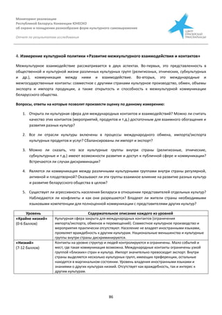Мониторинг реализации
Республикой Беларусь Конвенции ЮНЕСКО
об охране и поощрении разнообразия форм культурного самовыражения
Отчет по результатам исследования
86
4. Измерение культурной политики «Развитие межкультурного взаимодействия и контактов»
Межкультурное взаимодействие рассматривается в двух аспектах. Во-первых, это представленность в
общественной и культурной жизни различных культурных групп (религиозных, этнических, субкультурных
и др.), коммуникация между ними и взаимодействие. Во-вторых, это международные и
межгосударственные контакты: совместное с другими странами культурное производство, обмен, объемы
экспорта и импорта продукции, а также открытость и способность к межкультурной коммуникации
беларусского общества.
Вопросы, ответы на которые позволят произвести оценку по данному измерению:
1. Открыта ли культурная сфера для международных контактов и взаимодействий? Можно ли считать
качество этих контактов (мероприятий, продуктов и т.д.) достаточным для взаимного обогащения и
развития разных культур?
2. Все ли отрасли культуры включены в процессы международного обмена, импорта/экспорта
культурных продуктов и услуг? Сбалансированы ли импорт и экспорт?
3. Можно ли сказать, что все культурные группы внутри страны (религиозные, этнические,
субкультурные и т.д.) имеют возможности развития и доступ к публичной сфере и коммуникации?
Встречаются ли случаи дискриминации?
4. Является ли коммуникация между различными культурными группами внутри страны регулярной,
активной и плодотворной? Оказывают ли эти группы взаимное влияние на развитие разных культур
и развитие беларусского общества в целом?
5. Существует ли агрессивность населения Беларуси в отношении представителей отдельных культур?
Наблюдаются ли конфликты и как они разрешаются? Владеют ли жители страны необходимыми
языковыми компетенции для полноценной коммуникации с представителями других культур?
Уровень Содержательное описание каждого из уровней
«Крайне низкий»
(0-6 баллов)
Культурная сфера закрыта для международных контактов (ограничения
импорта/экспорта, обменов и перемещений). Совместное культурное производство и
мероприятия практически отсутствуют. Население не владеет иностранными языками,
проявляет враждебность к другим культурам. Национальные меньшинства и культурные
группы внутри страны дискриминируются.
«Низкий»
(7-12 баллов)
Контакты на уровне структур и людей контролируются и ограничены. Мало событий и
мест, где такая коммуникация возможна. Международные контакты ограничены узкой
группой «близких» стран и культур. Импорт значительно превосходит экспорт. Внутри
страны выделяется несколько культурных групп, имеющих преференции, остальные
находятся в маргинальном состоянии. Уровень владения иностранными языками и
знаниями о других культурах низкий. Отсутствует как враждебность, так и интерес к
другим культурам.
 