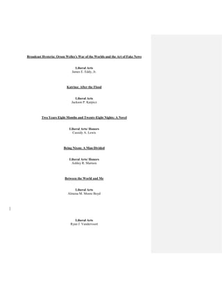 Broadcast Hysteria: Orson Welles's War of the Worlds and the Art of Fake News
Liberal Arts
James E. Eddy, Jr.
Katrina: After the Flood
Liberal Arts
Jackson P. Karpicz
Two Years Eight Months and Twenty-Eight Nights: A Novel
Liberal Arts/ Honors
Cassidy A. Lewis
Being Nixon: A Man Divided
Liberal Arts/ Honors
Ashley R. Martsen
Between the World and Me
Liberal Arts
Almena M. Moore Boyd
Liberal Arts
Ryan J. Vandervoort
 