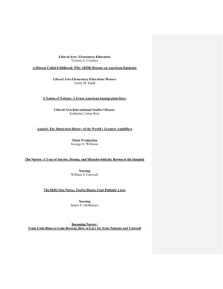 Liberal Arts- Elementary Education
Victoria S. Croshier
A Disease Called Childhood: Why ADHD Became an American Epidemic
Liberal Arts-Elementary Education/ Honors
Emily M. Rudd
A Nation of Nations: A Great American Immigration Story
Liberal Arts-International Studies/ Honors
Katherine Cortes Ruiz
Amped: The Illustrated History of the World's Greatest Amplifiers
Music Production
George A. Williams
The Nurses: A Year of Secrets, Drama, and Miracles with the Heroes of the Hospital
Nursing
William S. Cantwell
The Shift: One Nurse, Twelve Hours, Four Patients' Lives
Nursing
James V. DeMarsico
Becoming Nursey:
From Code Blues to Code Browns, How to Care for Your Patients and Yourself
 