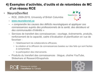 4) Exemples d’activités, d’outils et de retombées de MC
d’un réseau RCE
• NeuroDevNet
– RCE, 2009-2019, University of Brit...