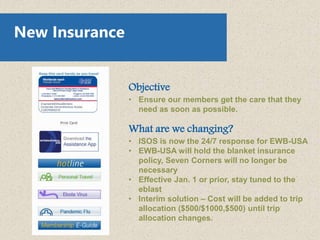 Objective
• Ensure our members get the care that they
need as soon as possible.
What are we changing?
• ISOS is now the 24/7 response for EWB-USA
• EWB-USA will hold the blanket insurance
policy, Seven Corners will no longer be
necessary
• Effective Jan. 1 or prior, stay tuned to the
eblast
• Interim solution – Cost will be added to trip
allocation ($500/$1000,$500) until trip
allocation changes.
New Insurance
 