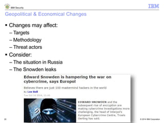 © 2014 IBM Corporation
IBM Security
20
Geopolitical & Economical Changes
 Changes may affect:
– Targets
– Methodology
– Threat actors
 Consider:
– The situation in Russia
– The Snowden leaks
 