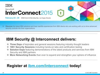© 2014 IBM Corporation
IBM Security
24
 Discover the latest IBM solutions and hear real-life experiences from IBM clients who are working with us to drive advanced
security controls into their organizations
IBM Security @ Interconnect delivers:
 Three Days of keynotes and general sessions featuring industry thought leaders
 100+ Security Sessions including hands-on labs and certification testing
 Solution Expo featuring demonstrations of the latest products and services from IBM
Security and IBM partners
 More Networking Events than ever to expand and strengthen your sphere of influence
Register at ibm.com/interconnect today!
 