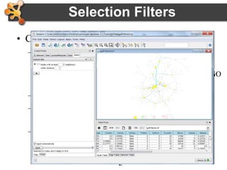 47
• Click on Select tab
– Select nodes and edges based on a node or edge
columns
• Nodes with degree > 10 or annotated with a particular GO
term
– Dynamic filtering for numerical values
– Build complex filters using AND, OR, NOT
relations
– Define topological filters (considers properties of
near-by nodes)
Selection Filters
 