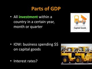 • All investment within a
country in a certain year,
month or quarter
• IOW: business spending $$
on capital goods
• Interest rates?
Parts of GDP
 