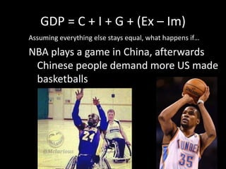 GDP = C + I + G + (Ex – Im)
Assuming everything else stays equal, what happens if…
NBA plays a game in China, afterwards
Chinese people demand more US made
basketballs
 