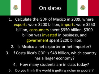 On slates
1. Calculate the GDP of Mexico in 2009, where
exports were $200 billion, imports were $250
billion, consumers spent $950 billion, $300
billion was invested in business, and
government spent $200 billion.
2. Is Mexico a net exporter or net importer?
3. If Costa Rica’s GDP is $48 billion, which country
has a larger economy?
4. How many students are in class today?
5. Do you think the world is getting richer or poorer?
 