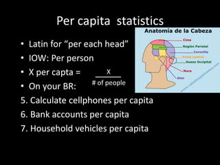 Per capita statistics
• Latin for “per each head”
• IOW: Per person
• X per capta =
• On your BR:
5. Calculate cellphones per capita
6. Bank accounts per capita
7. Household vehicles per capita
X
# of people
 